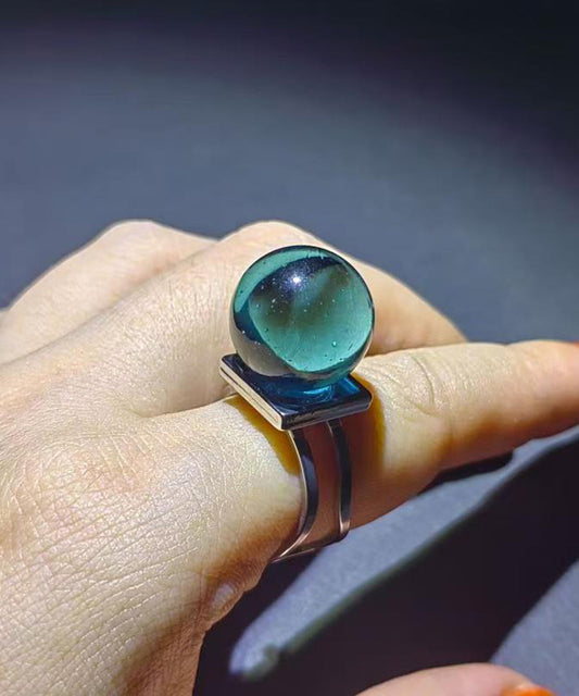 Stylish Lake Blue Alloy Bubble Glass Ball Adjustable Open Ring