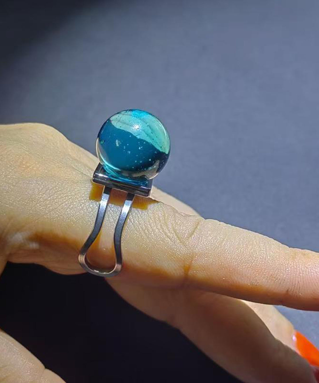 Stylish Lake Blue Alloy Bubble Glass Ball Adjustable Open Ring