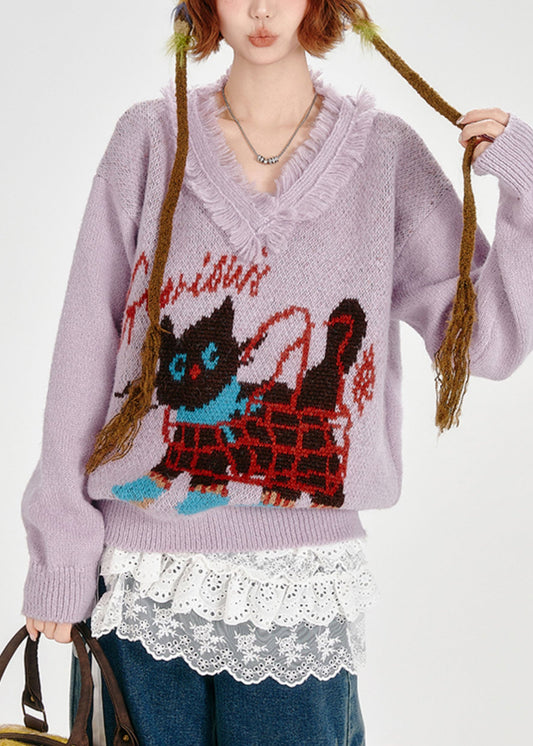 Stylish Lavender Tasseled Cat Jacquard Knit Sweaters Winter