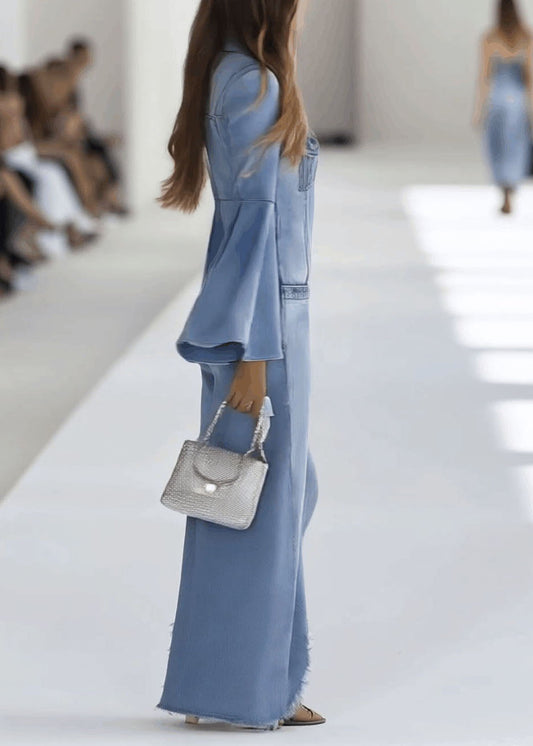 Stylish Light Blue Button Denim Jumpsuit Flare Sleeve