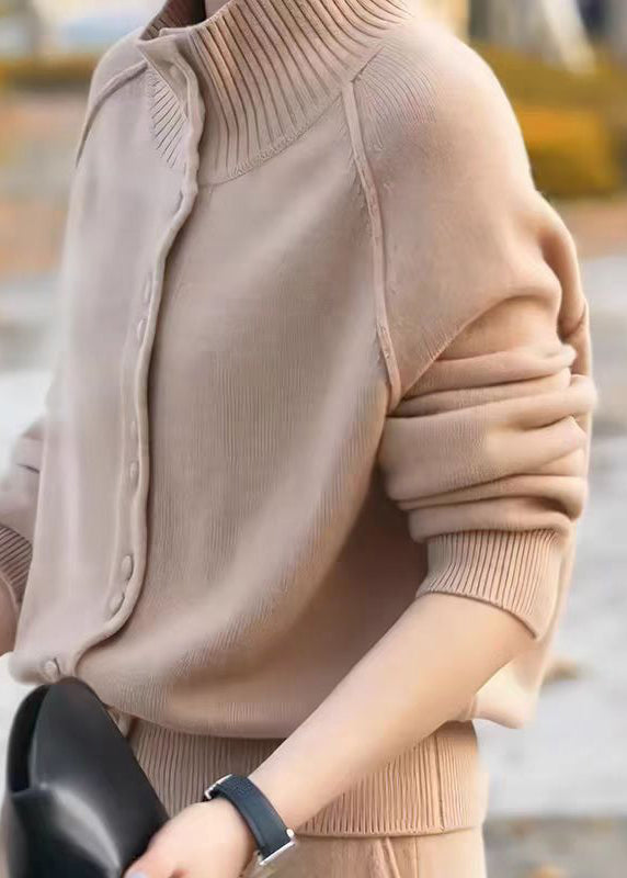 Stylish Light Camel Stand Collar Button Patchwork Knit Coat Fall