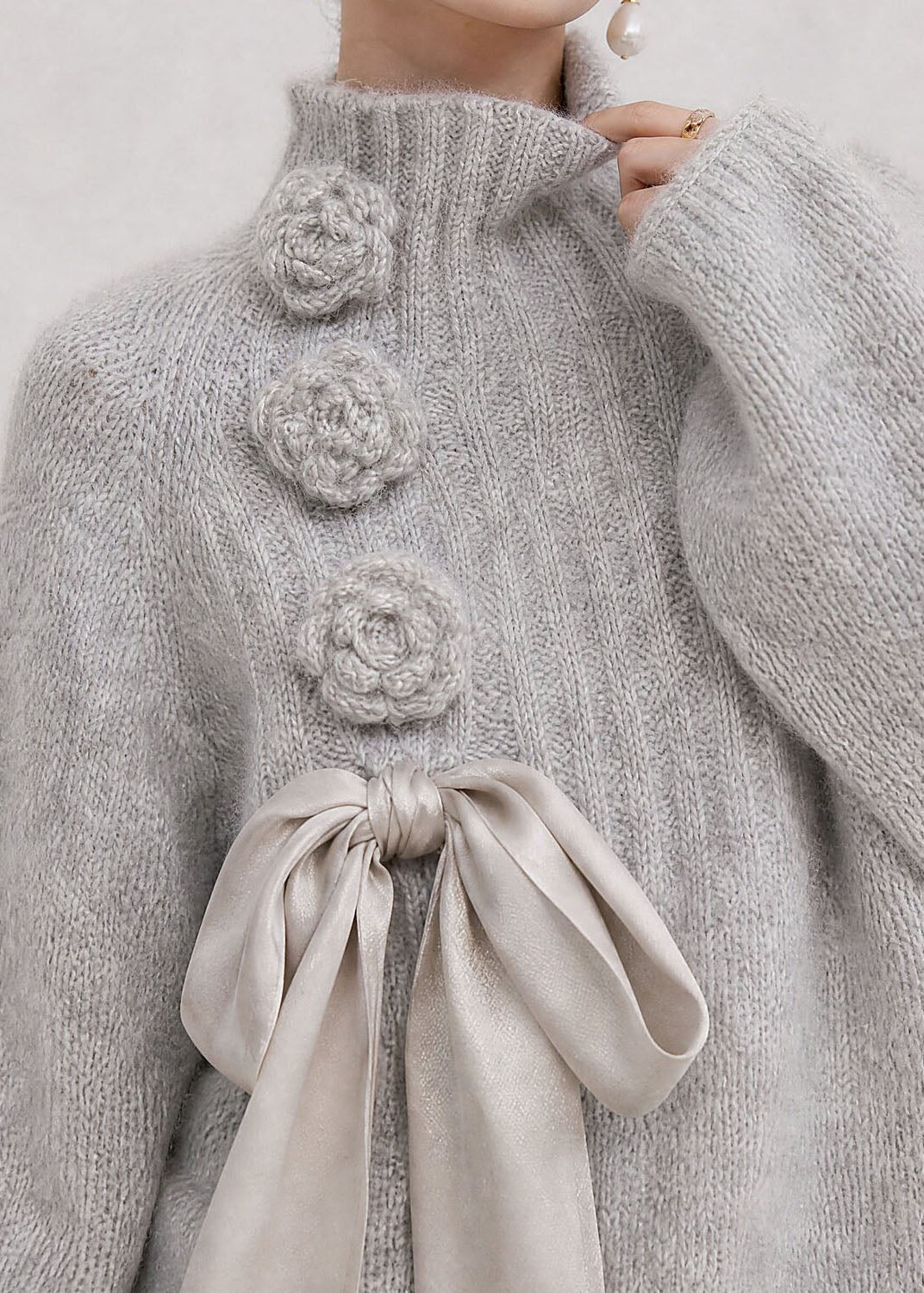 Stylish Light Grey Hign Neck Floral Lace Up Knit Sweaters Fall