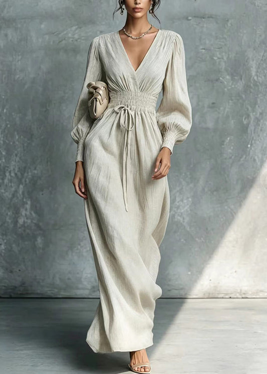 Stylish Light Grey V Neck Elastic Waist Tie Dress Lantern Sleeve