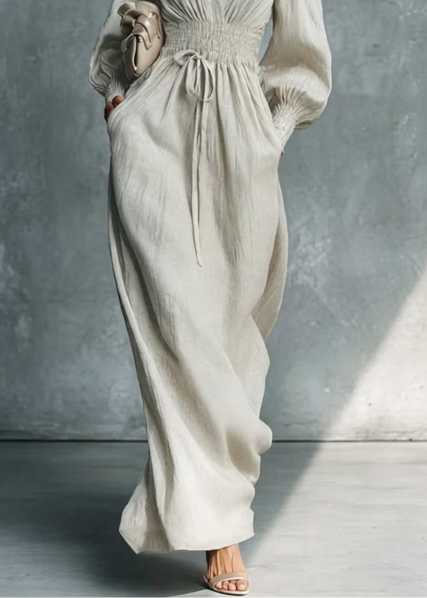 Stylish Light Grey V Neck Elastic Waist Tie Dress Lantern Sleeve
