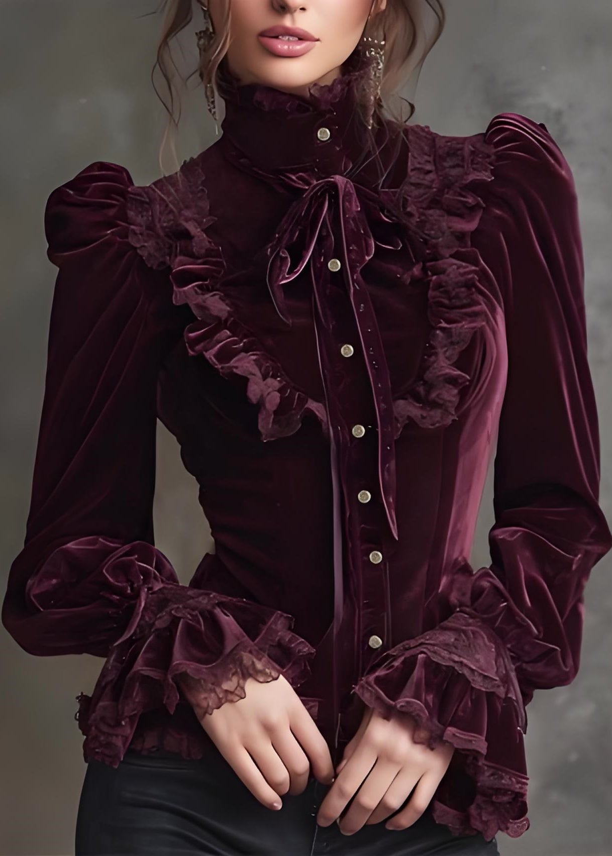 Stylish Mulberry Hign Neck Lace Patchwork Velour Tops Fall