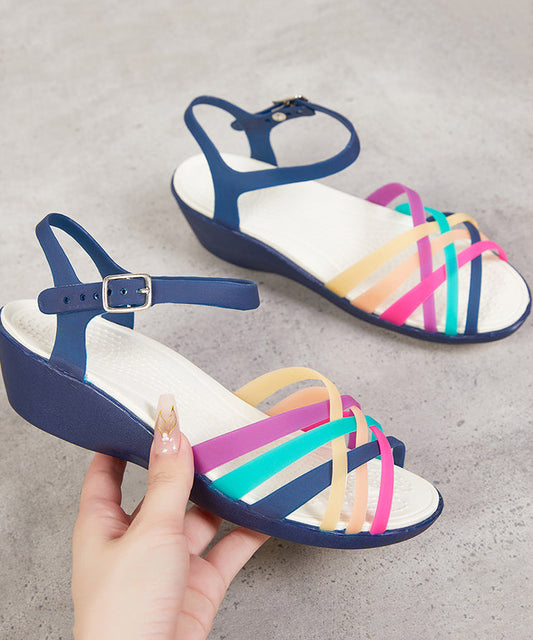 Stylish Multicolored Stripes Buckle Strap Sandals Faux Leather