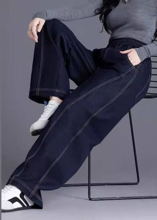 Stylish Navy Pockets Patchwork Elastic Waist Denim Pants Spring