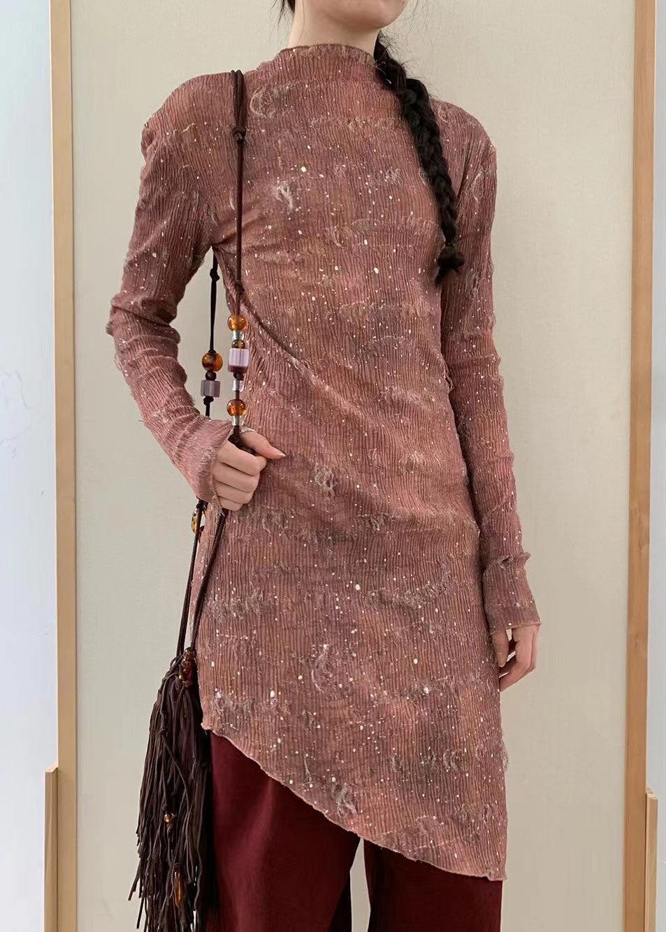 Stylish Pink Asymmetrical Design Slim Fit Wrinkled Dress Spring