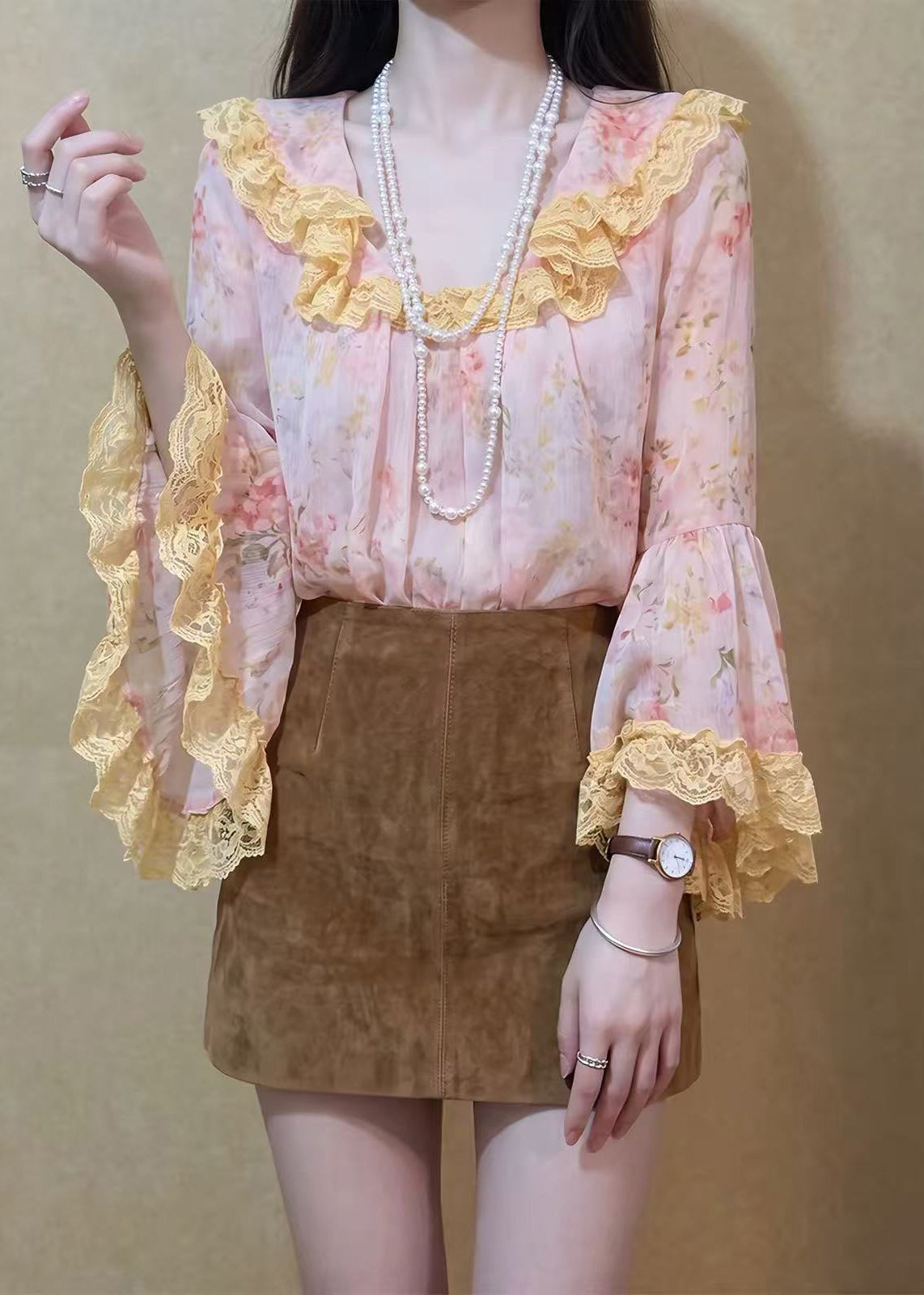 Stylish Pink Floral Ruffled Lace Patchwork Blouse Top Flare Sleeve