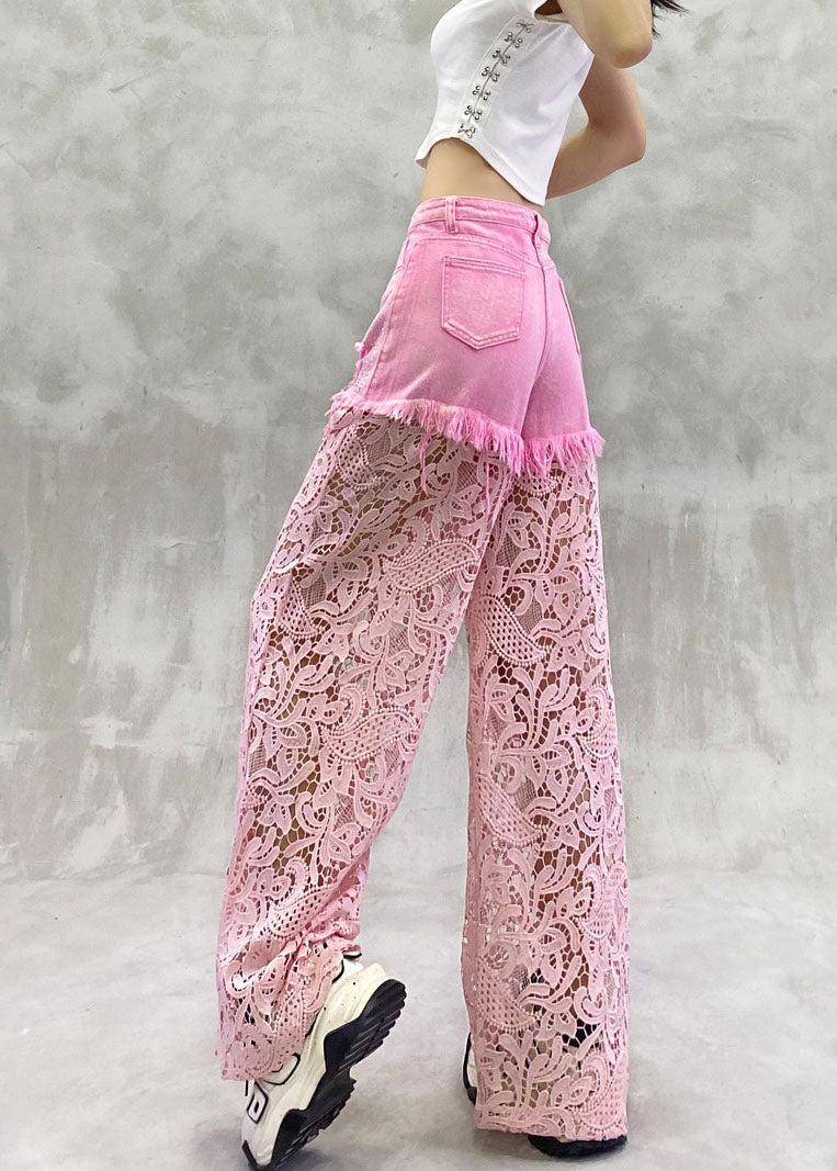 Stylish Pink High Waist Rhinestone Lace Patchwork Denim Wide Leg Pants Summer