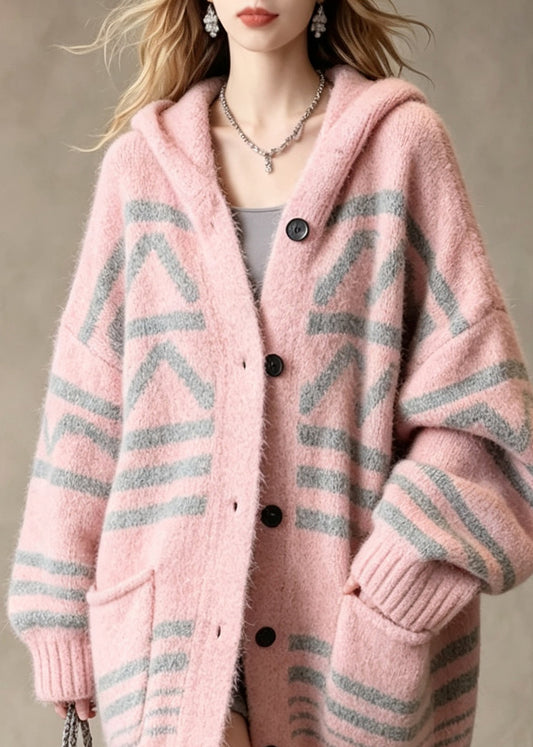 Stylish Pink Hooded Pockets Patchwork Knit Loose Coat Fall