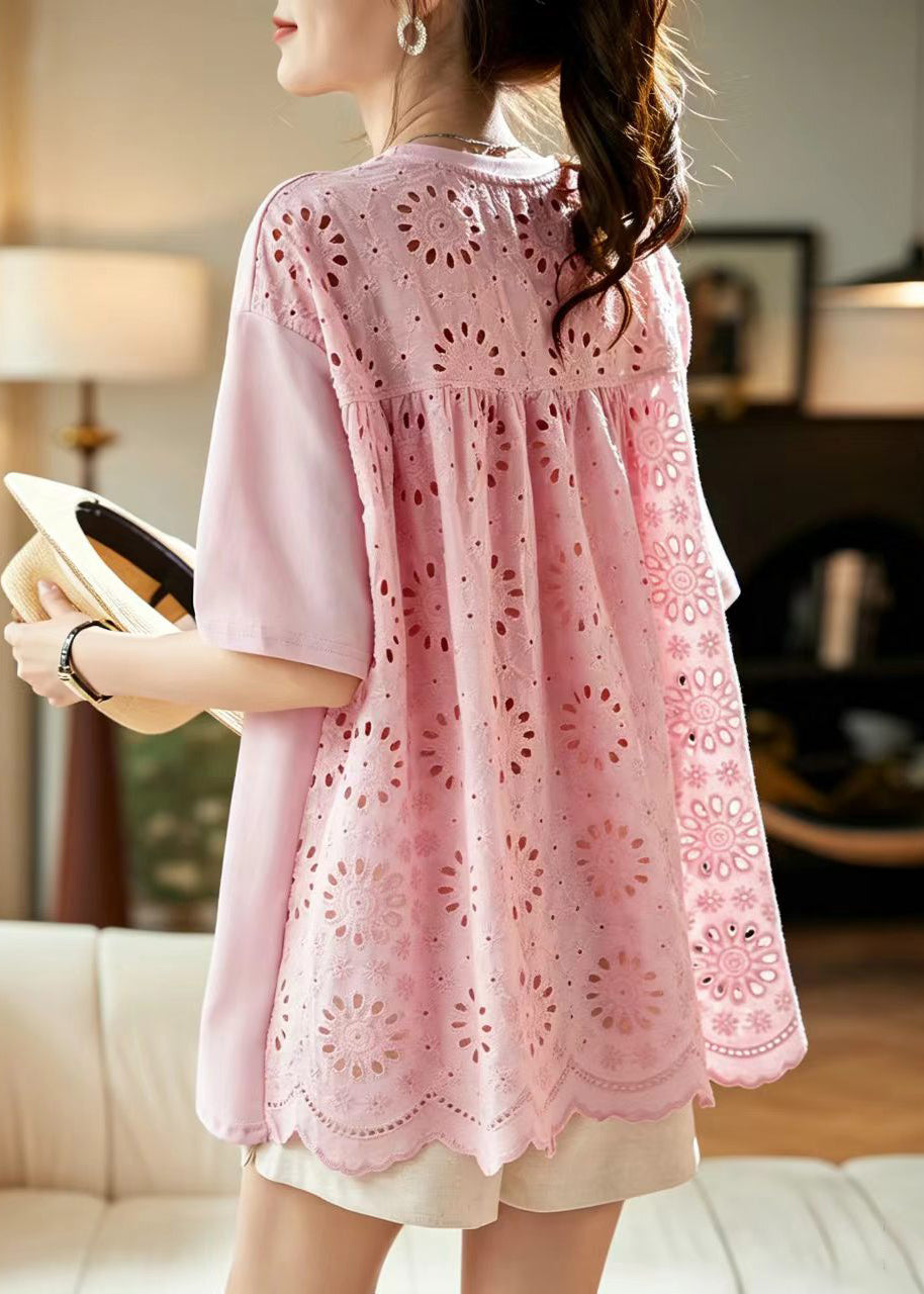 Stylish Pink O-Neck Hollow Out Butterfly Print Cotton Top Short Sleeve