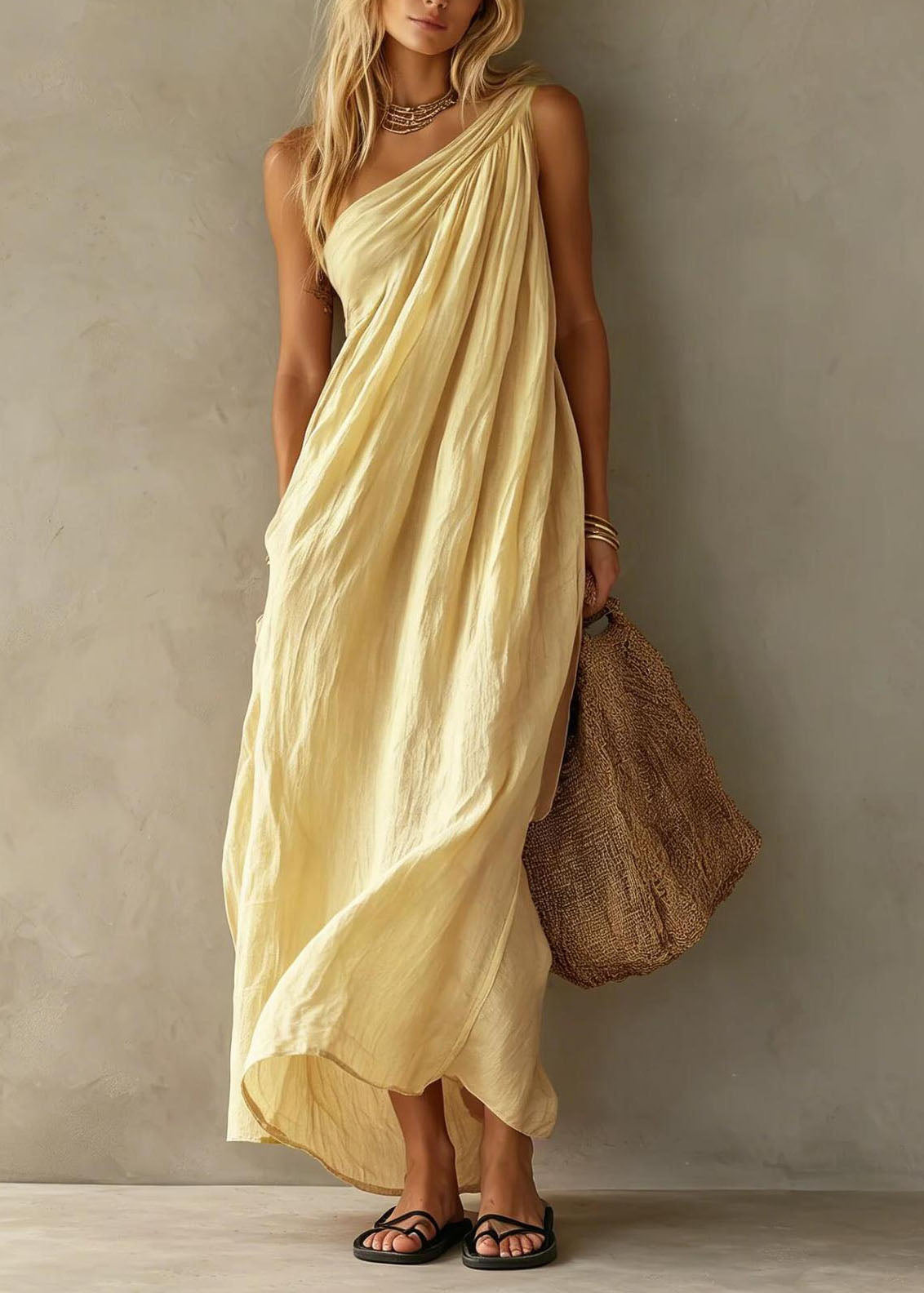 Stylish Pink One Shoulder Cotton Long Dresses Summer