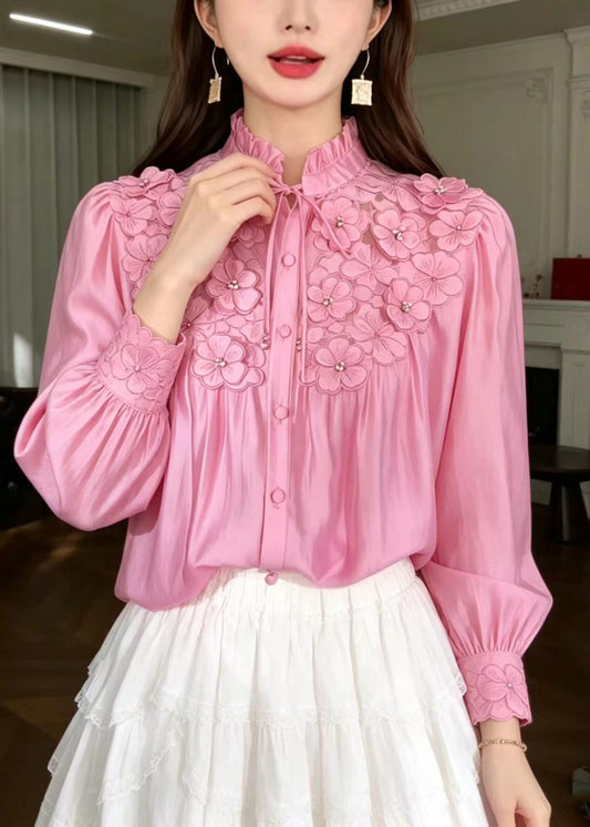 Stylish Pink Stand Collar Ruffled Lace Up Stereoscpic Floral Shirts Fall