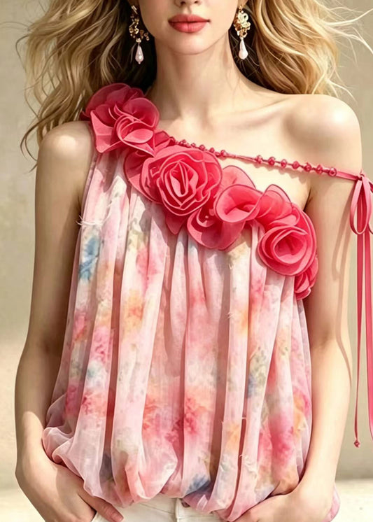 Stylish Pink Stereoscopic Floral One Shoulder Print Chiffon Tops Sleeveless