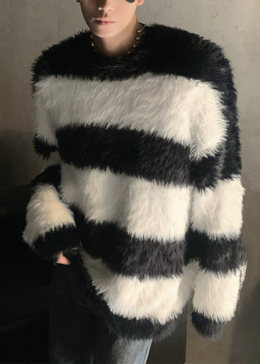 Stylish Pink Striped Patchwork Mink Velvet Men Sweaters Winter