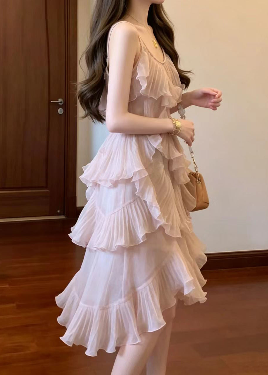 Stylish Pink U Neck Asymmetrical Pleated Layered Mid Dress Sleeveless