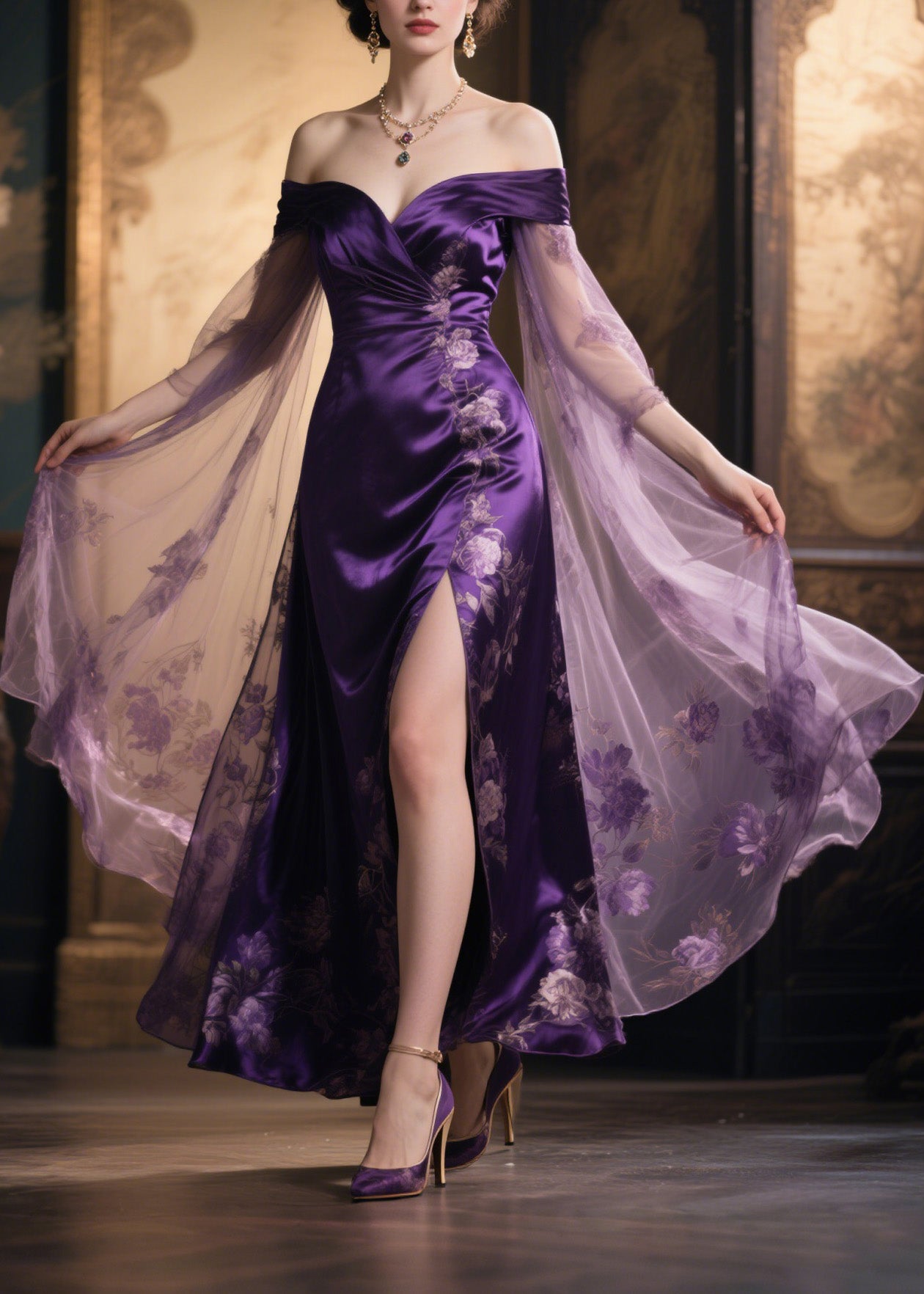 Stylish Print Cold Shoulder Tulle Patchwork Silk Dress Summer