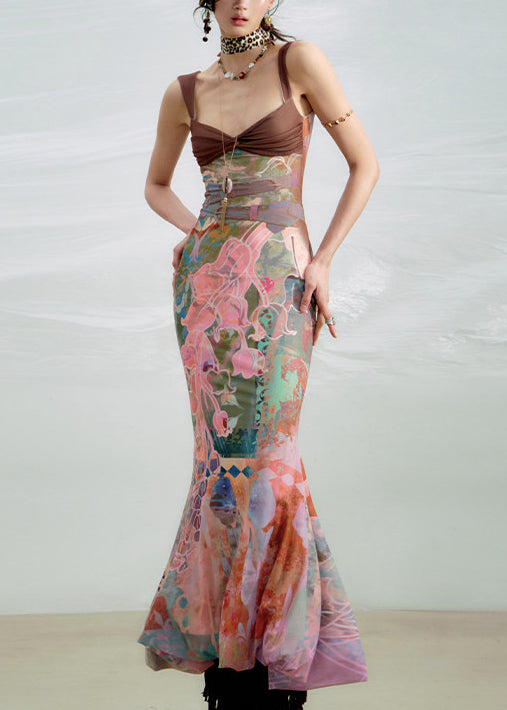 Stylish Print High Waist Patchwork Cotton Spaghetti Strap Dress Sleeveless