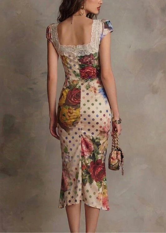 Stylish Print Wrinkled Lace Slim Fit Cotton Dress Summer