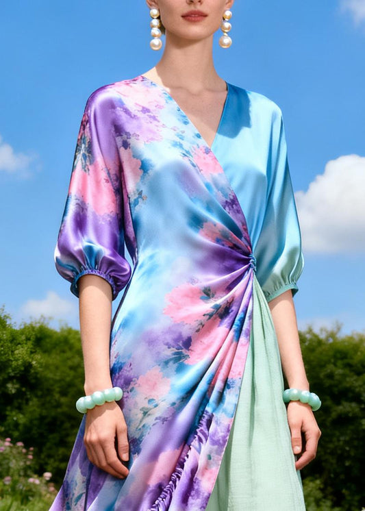 Stylish Purple Asymmetrical Patchwork Tie Dye Silk Long Dress Summer