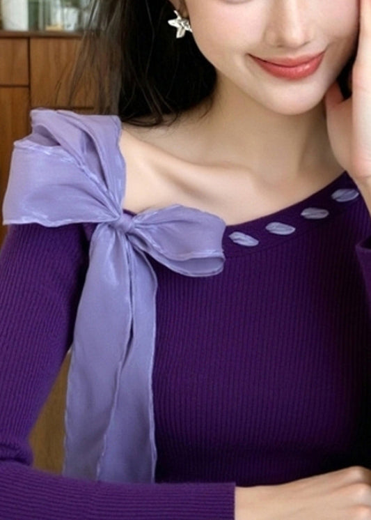 Stylish Purple Bow Solid Knit Sweater Winter