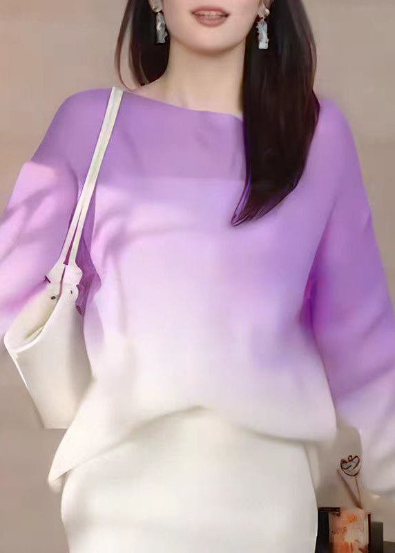 Stylish Purple Gradient O Neck Knit Sweater Fall