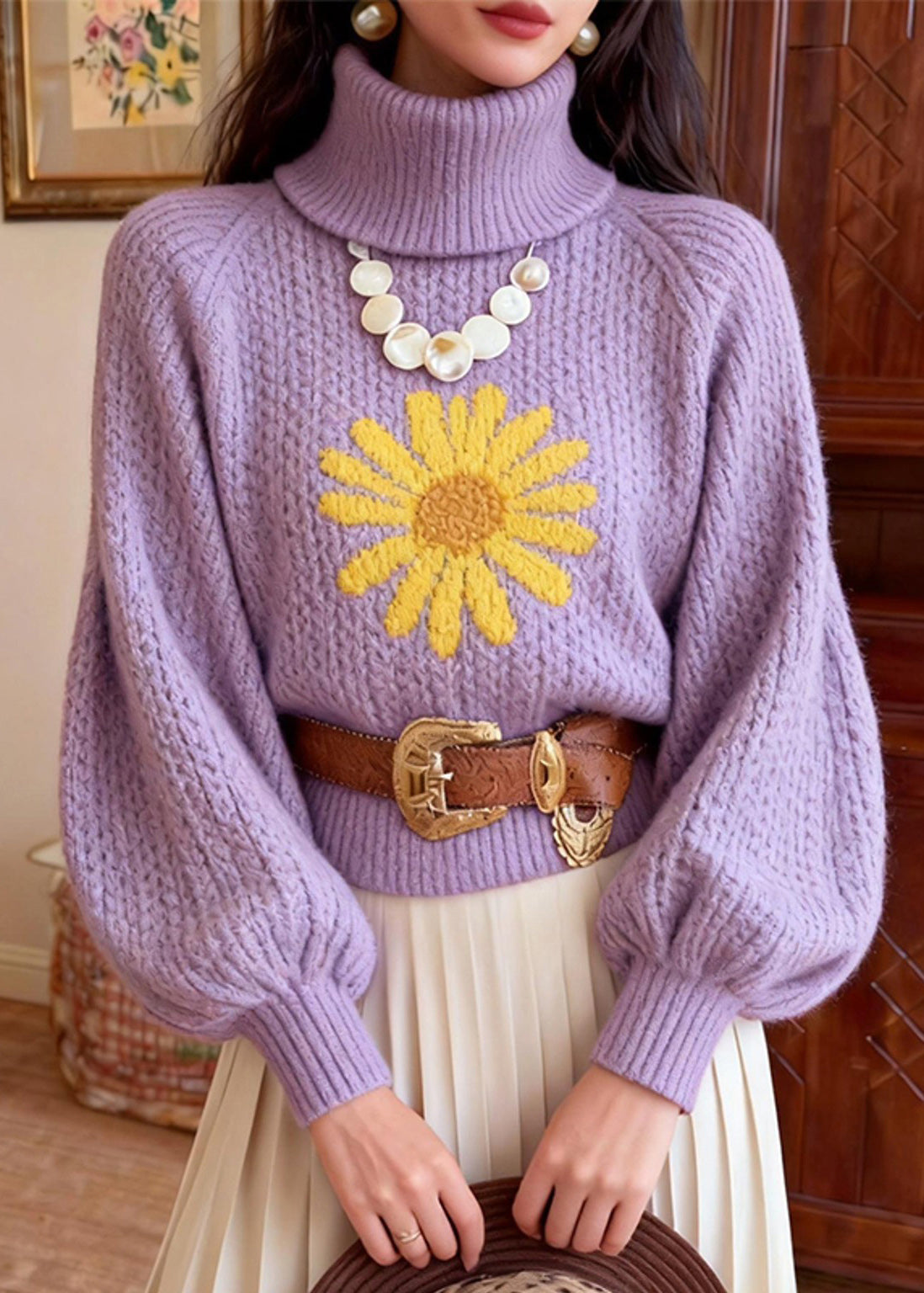 Stylish Purple Hign Neck Jacquard Knit Short Sweater Winter