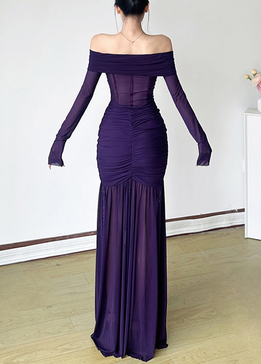 Stylish Purple Slash Neck Wrinkled Tulle Maxi Dresses Spring
