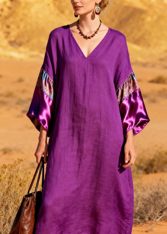 Stylish Purple V Neck Silk Patchwork Linen Dresses Summer