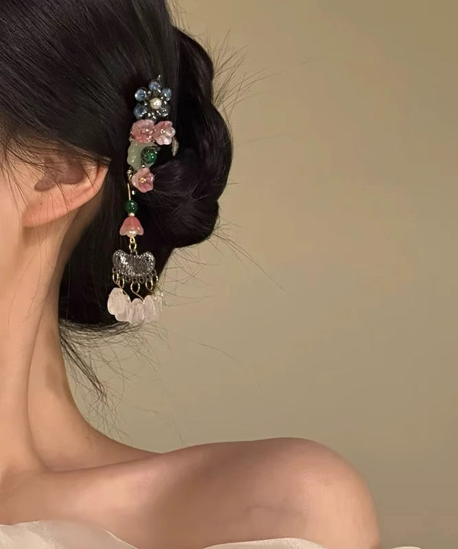 Stylish Rainbow Alloy Floral Pearl Tassel A Pair Hairpin