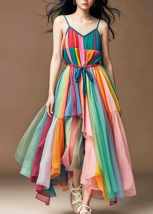 Stylish Rainbow Cinched Patchwork Tulle Spaghetti Strap Dress Summer