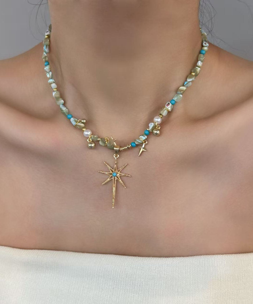 Stylish Rainbow Copper Overgild Shell Pearl Turquoise Star Pendant Necklace Three Piece Set