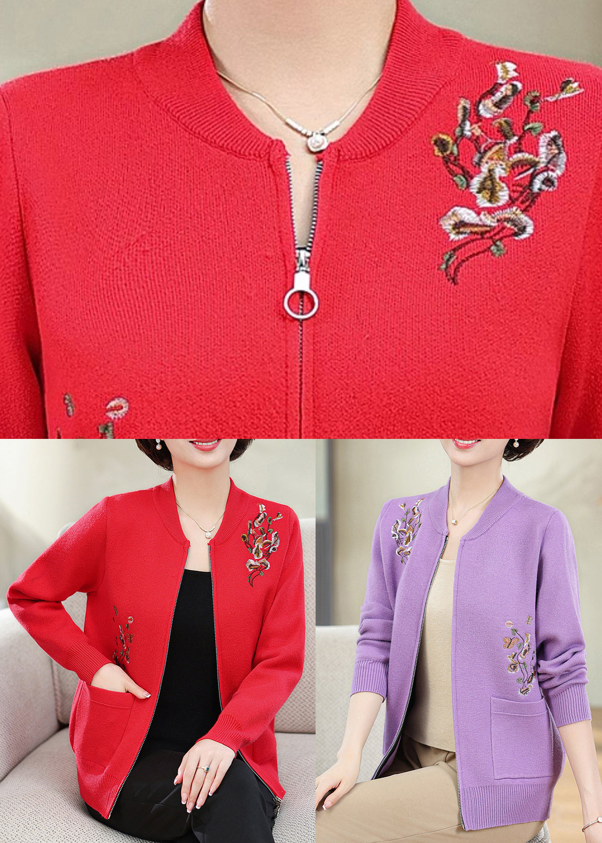 Stylish Red Embroidered Pockets Cotton Knit Coats Spring