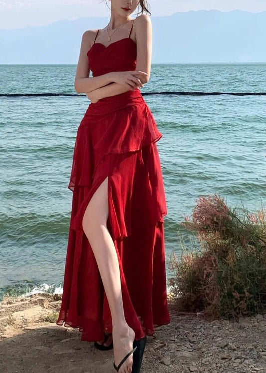 Stylish Red Exra Large Hem Chiffon Spaghetti Strap Dress Summer