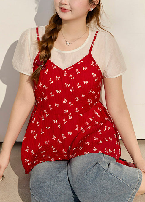 Stylish Red Print Patchwork Chiffon Fake Two Piece Tops Summer