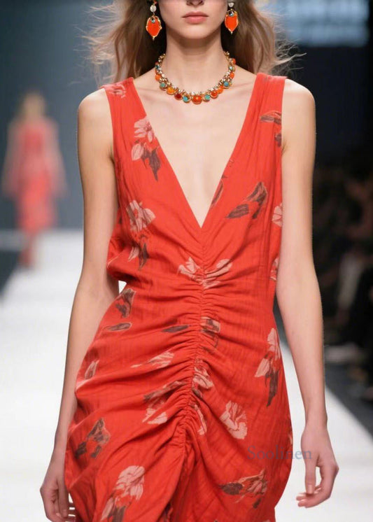 Stylish Red Print Wrinkled Side Open Cotton Party Dress Summer