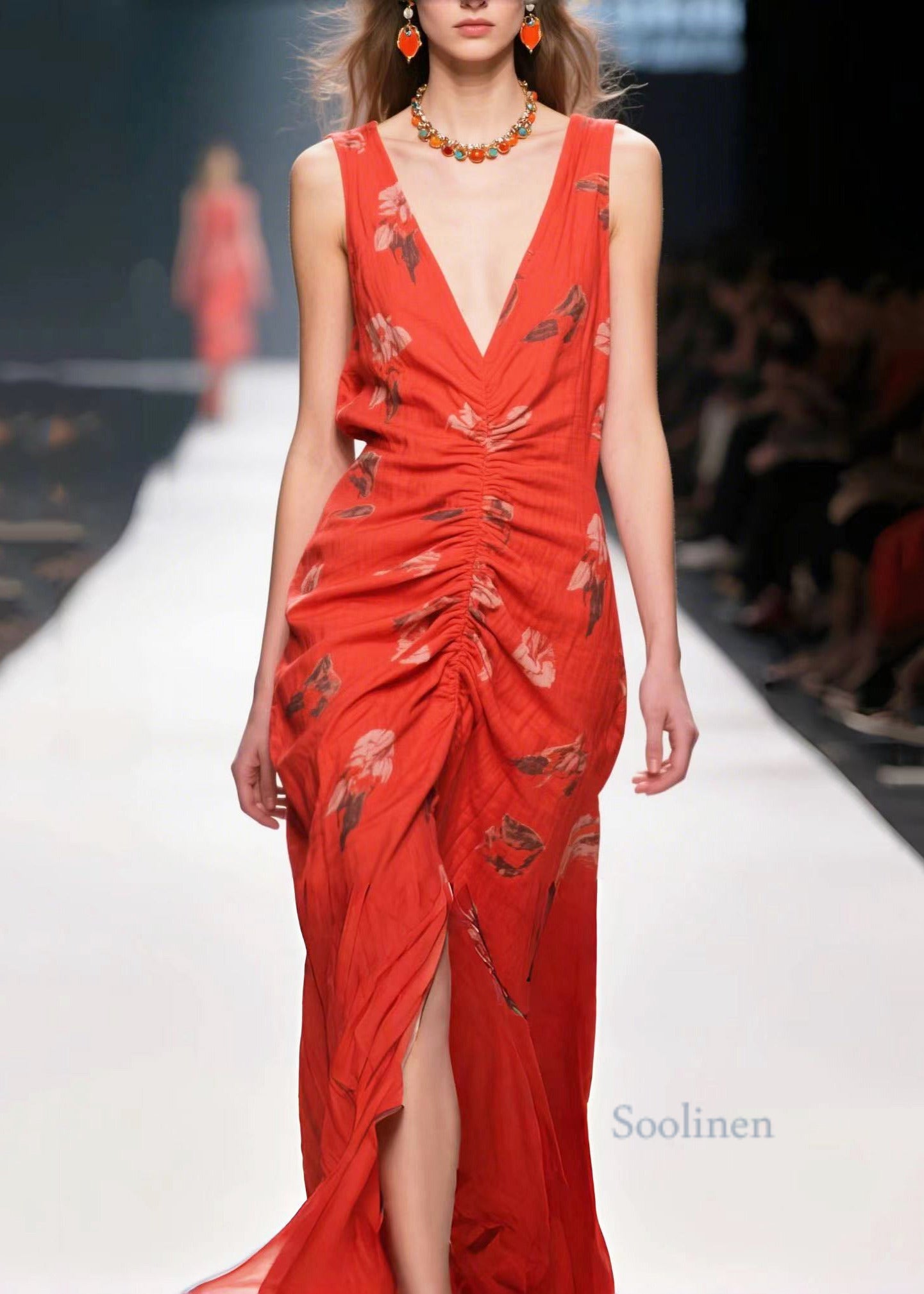 Stylish Red Print Wrinkled Side Open Cotton Party Dress Summer