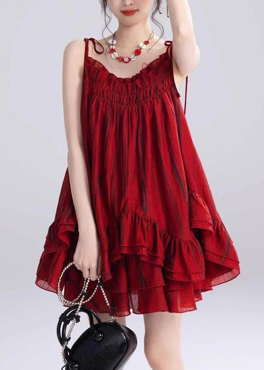 Stylish Red Ruffled Print Top And Shorts Two Pieces Set Sleeveless