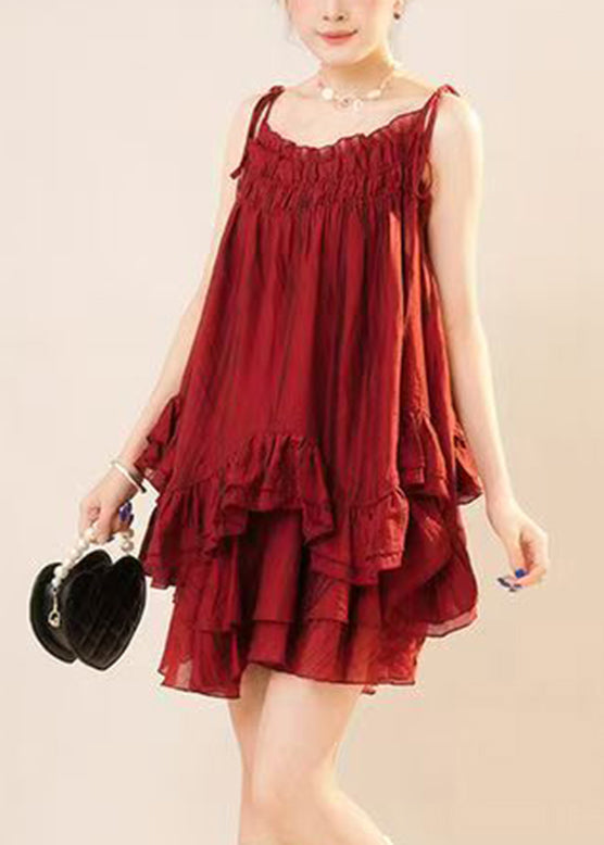 Stylish Red Ruffled Print Top And Shorts Two Pieces Set Sleeveless