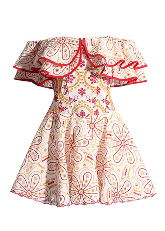 Stylish Red Slash Neck Ruffled Print Cotton Mini Dresses Summer