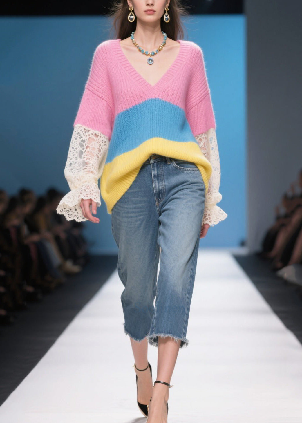 Stylish Rose Oversized Patchwork Lace Knit Pullover Fall