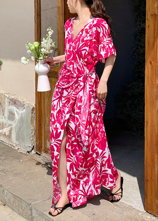 Stylish Rose Print Side Open Cotton Maxi Dress Summer