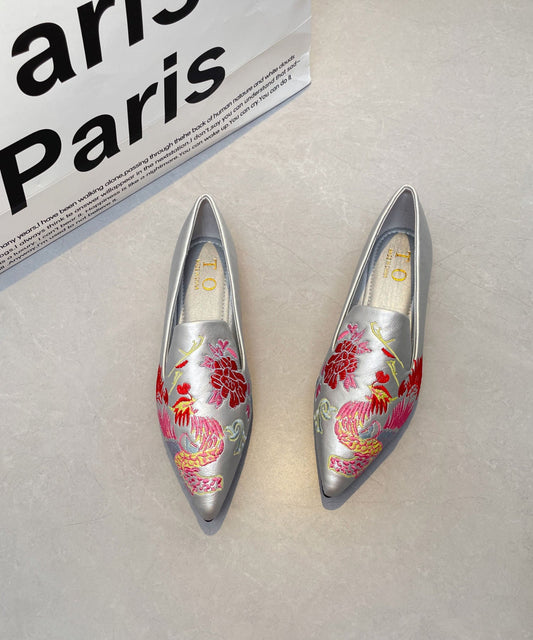Stylish Silver Faux Leather Embroidered Flat Shoes Pointed Toe