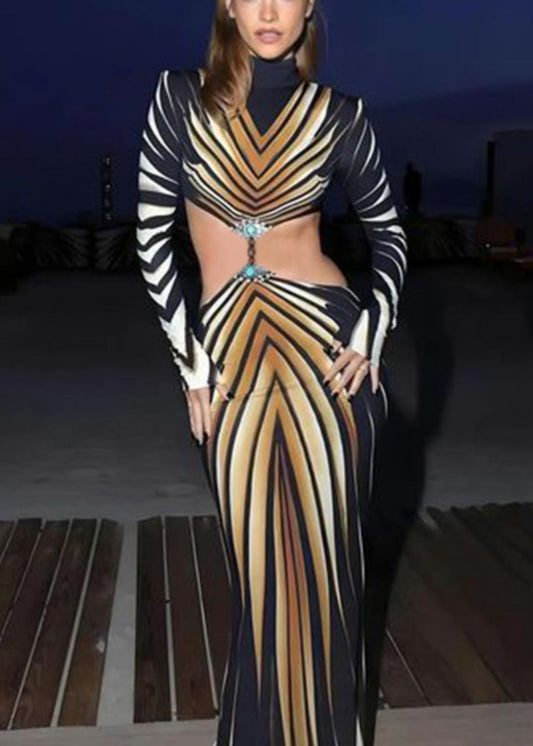 Stylish Striped Hollow Out Patchwork Cotton Maxi Dress Fall