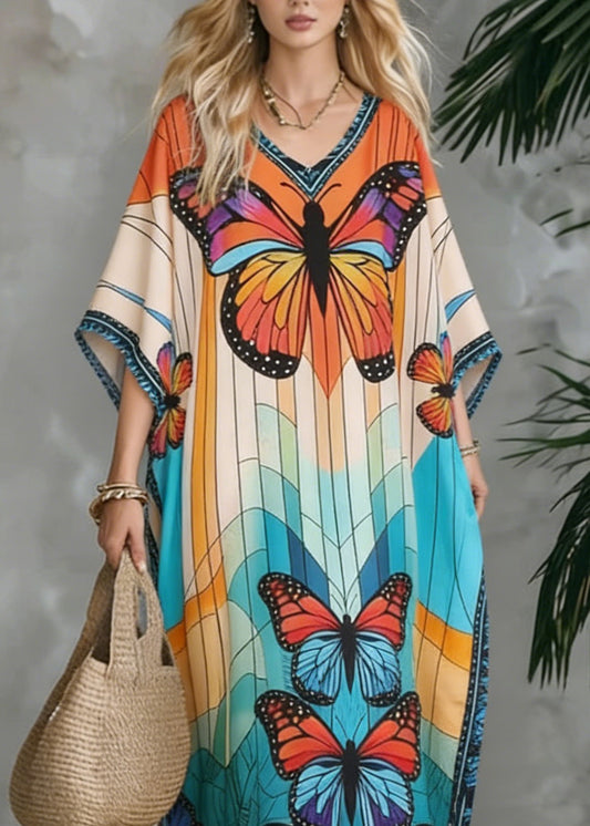 Stylish V Neck Butterfly Print Chiffon Maxi Dresses Summer