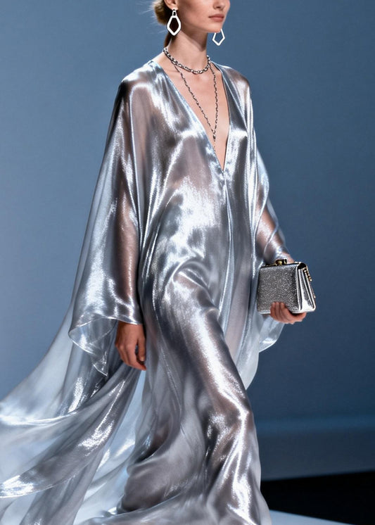 Stylish V Neck Silver Silk Long Dress Spring