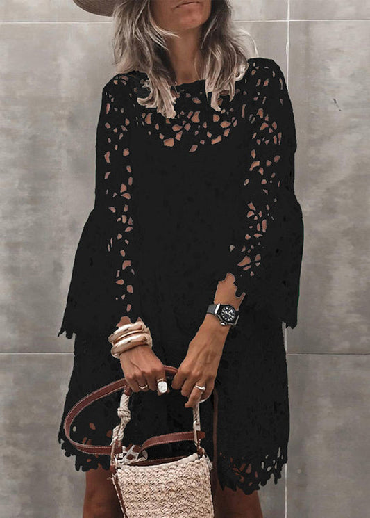 Stylish White Hollow Out Solid Lace Mid Dresses Flare Sleeve