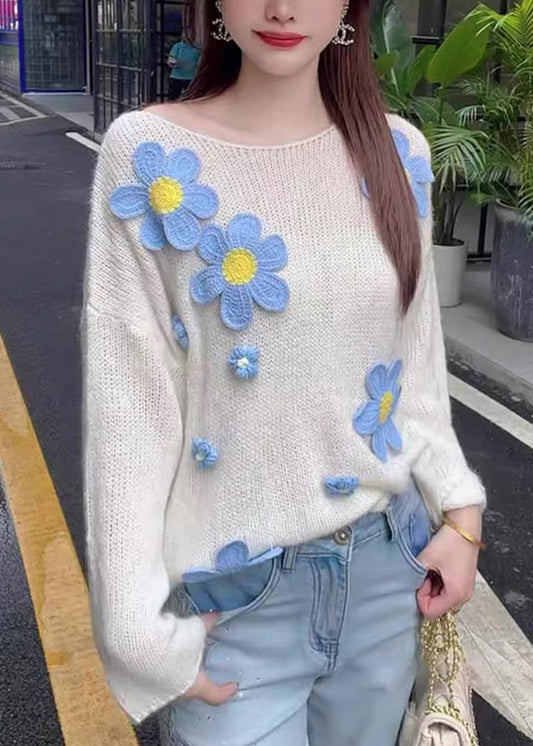 Stylish White O Neck Floral Hollow Out Knit Sweater Tops Fall