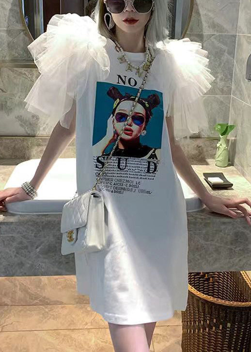 Stylish White Original Design Print Patchwork Cotton T Shirt Dresses Butterfly Sleeve